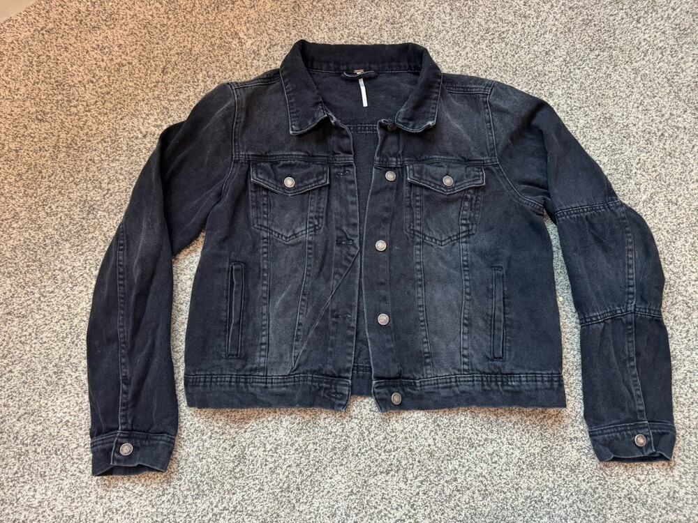 Free People Rumors Denim Jacket Black Washed Moto Trucker Large Cotton